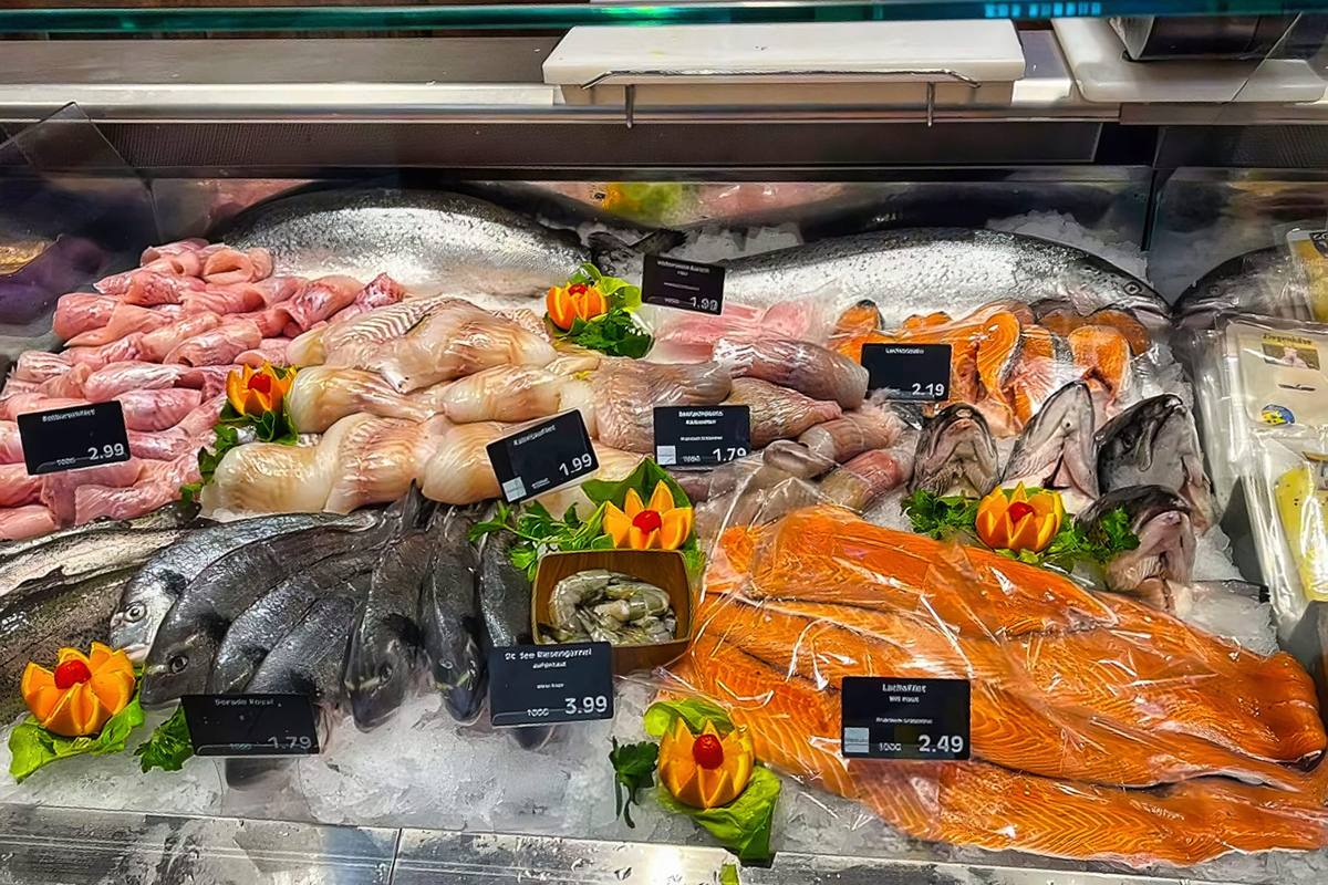 Die Fischtheke auf Eis: ganze Doraden und Forellen, Lachsseiten, Filets und Garnelen, dazwischen geschnittene Orangen als Garnitur.